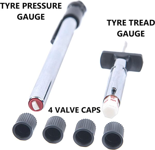 AA Tyre Safety Kit for Cars AA1146 - 2 Gauges for Tread Depth and Tyre Pressure Plus 4 Dust Caps