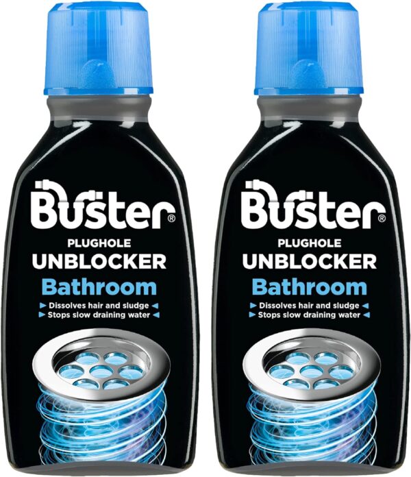 Buster Bathroom Drain Unblocker 300ml, Pack of 2 – Sink Unblocker Removes Hair & Sludge in Showers, Baths & Sinks. Fast-Acting Shower Drain...